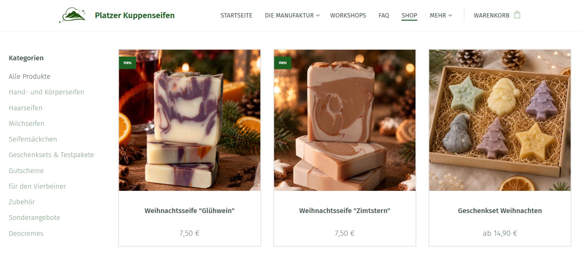 Beispiel eines mit Webnode erstellten Online-Shop der handgefertigte Seifen verkauft.